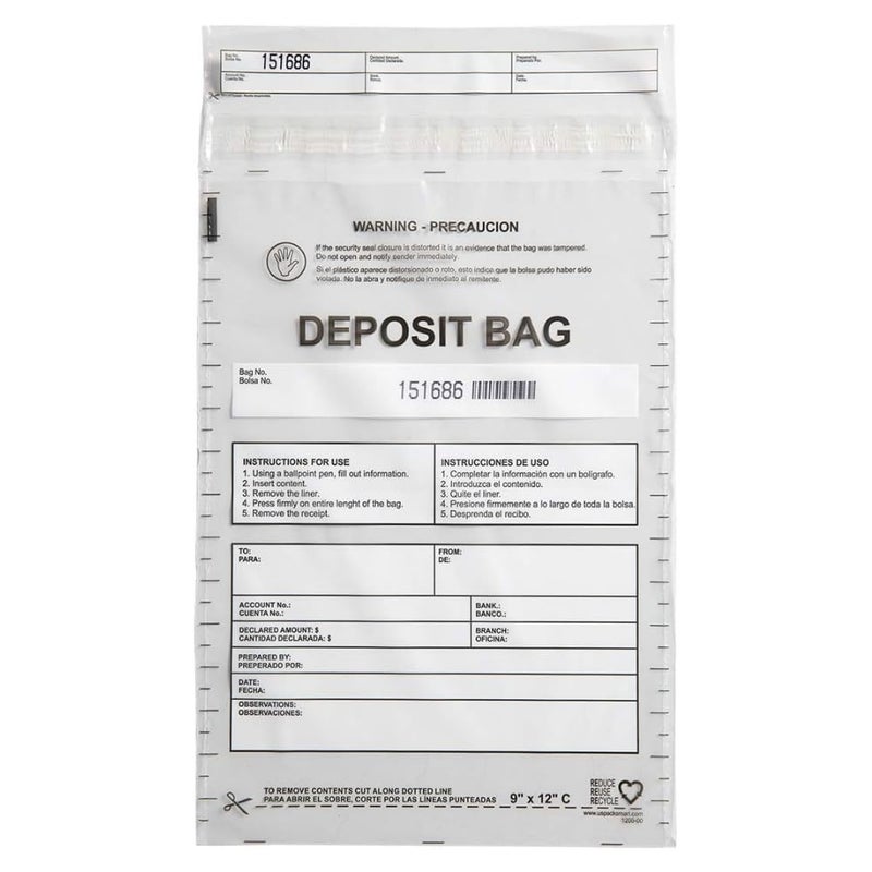 US PACK SMART Clear Plastic Deposit Bags 9"x12" | Secure Bank Deposits, Cash Handling or Safe Currency Transportation | Sequential Barcodes | Tamper-Evident | Tear-Off Receipt for Security | 100-Pack - Image 1